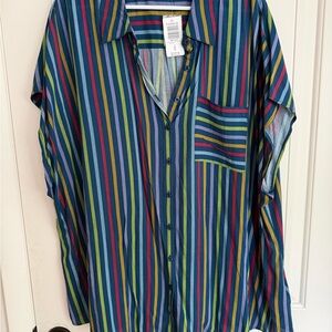 torrid Multicolor Vertical Stripe Button-Down Shirt - Blue, Green, Red, Yellow